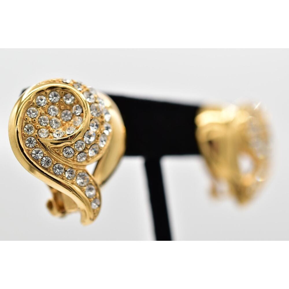 Givenchy Vintage Crystal Heart Clip On Earrings Gold Chunky Signed 1980s BinAZ - Picture 4 of 12